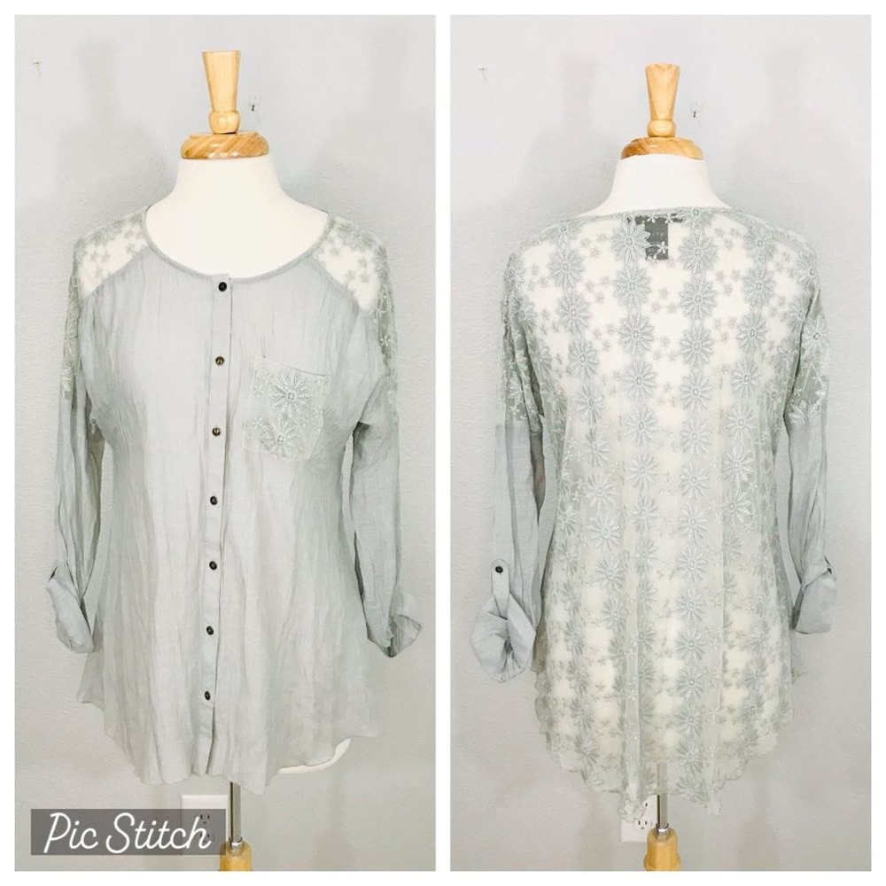 Ali Miles Button-down Lace Embroidered Blouse in Sea Foam, S